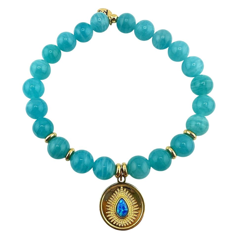 925 14K Gold Plated T. Jazelle Amazonite Faux Opal Beaded Charm Stretch Bracelet